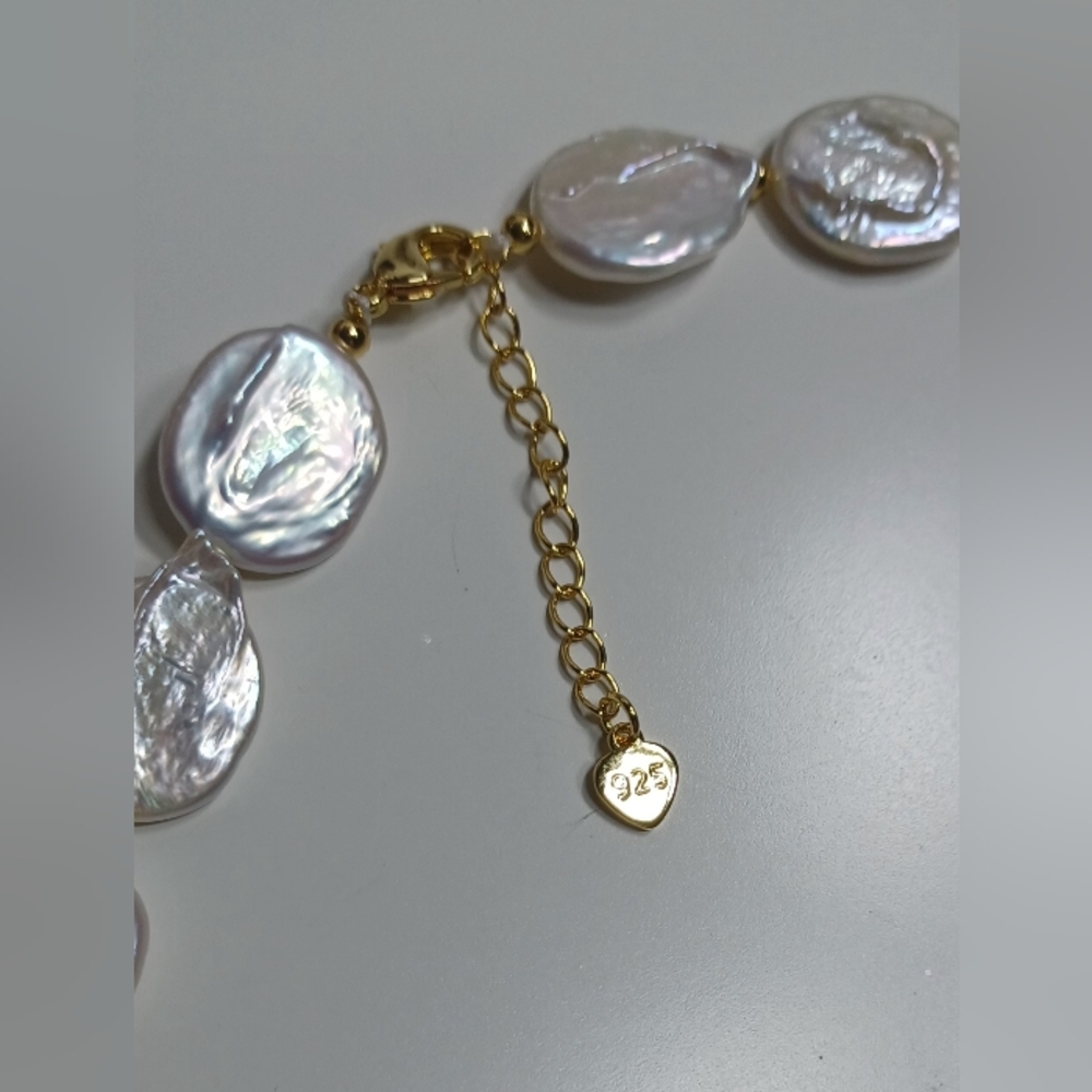 Genune Baroque Coin Pearl Necklace 925 Sterling Silver 18" - Picture 2 of 4